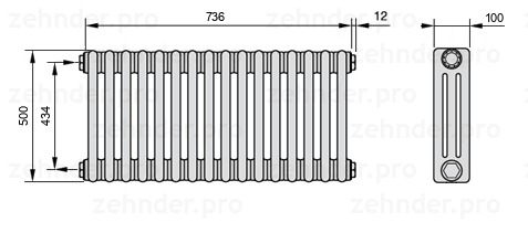 Схема (чертеж) Радиатор Zehnder Charleston 3050/16 №1270 Белый глянцевый RAL 9016